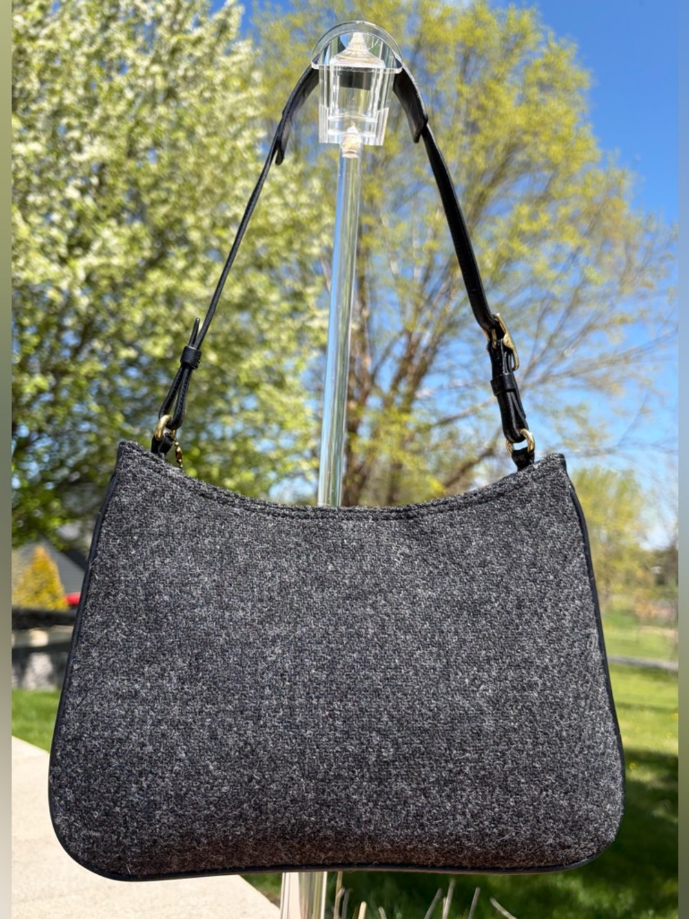 Vintage COACH Wool Hobo Small Charcoal Grey Black Leather 8308 EUC - Picture 11 of 17